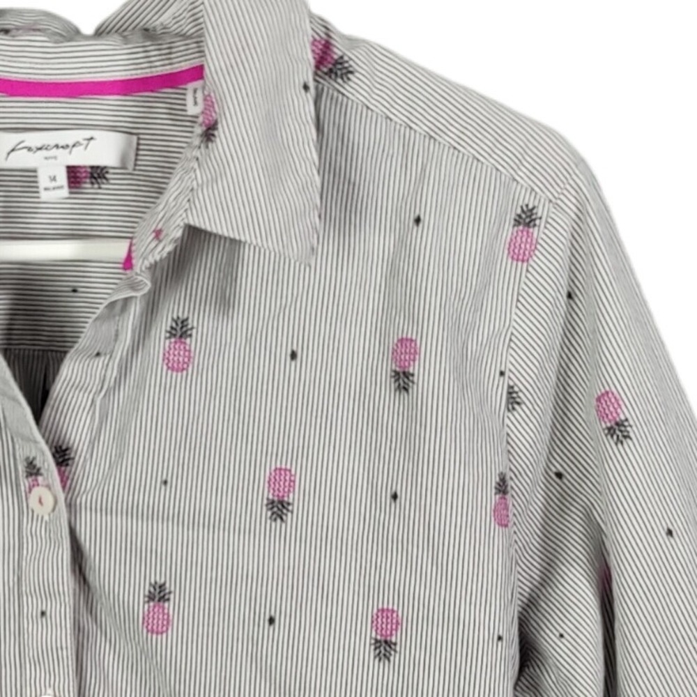 Foxcroft Womens 14 Relaxed Fit Gray Pineapple Tropical Button Front Top Blouse